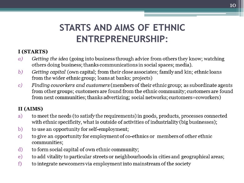 STARTS AND AIMS OF ETHNIC ENTREPRENEURSHIP:  I (STARTS) Getting the idea (going into